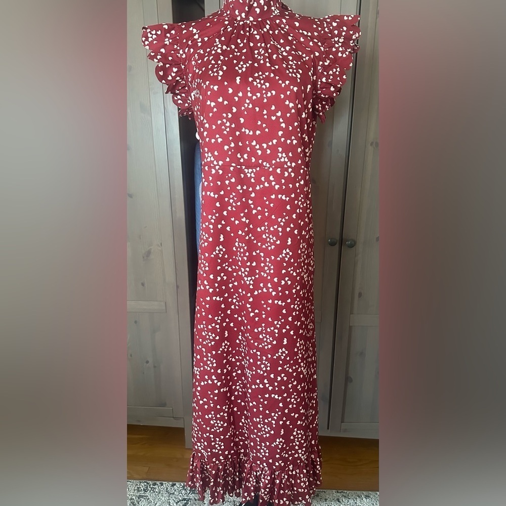 Heart print , red and white  Tiered Maxi Dress with Flutter Sleeves - Picture 2 of 12